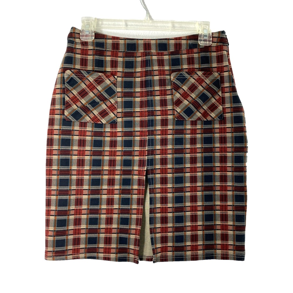 Womens Small Plaid Academia Skirt Preppy  School Girl Front Slit Straight Knit